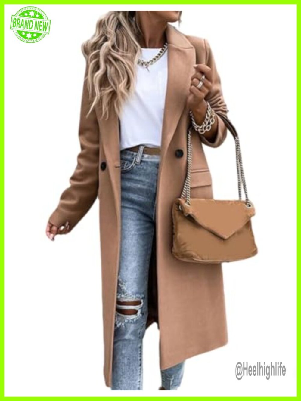 Womens Long Wool Peacoat Notch Lapel Button Front Below Knee Dressy Coat